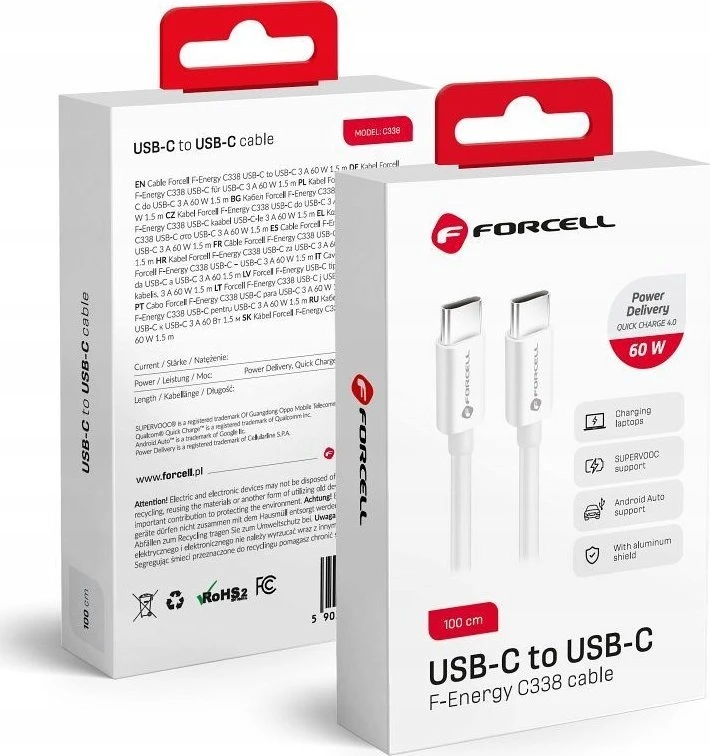 USB C į USB C laidas Forcell F-Energy QC4.0 PD 3A 60W 1 m C338 baltas