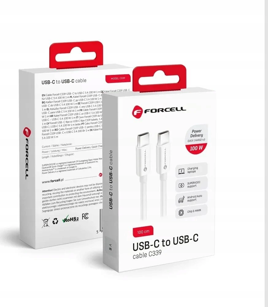 USB C į USB C laidas Forcell F-Energy QC4.0 PD 5A 100W 1 m C339 baltas