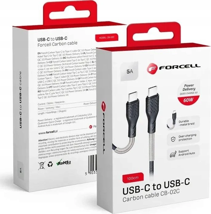 USB C į USB C laidas Forcell F-Energy QC4.0 PD 5A 66W Carbon 1 m CB-02C juodas