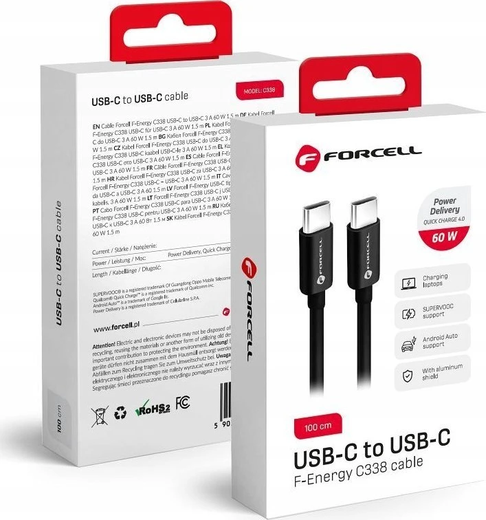USB C į USB C laidas Forcell F-Energy QC4.0 PD 3A 60W 1 m C338 juodas