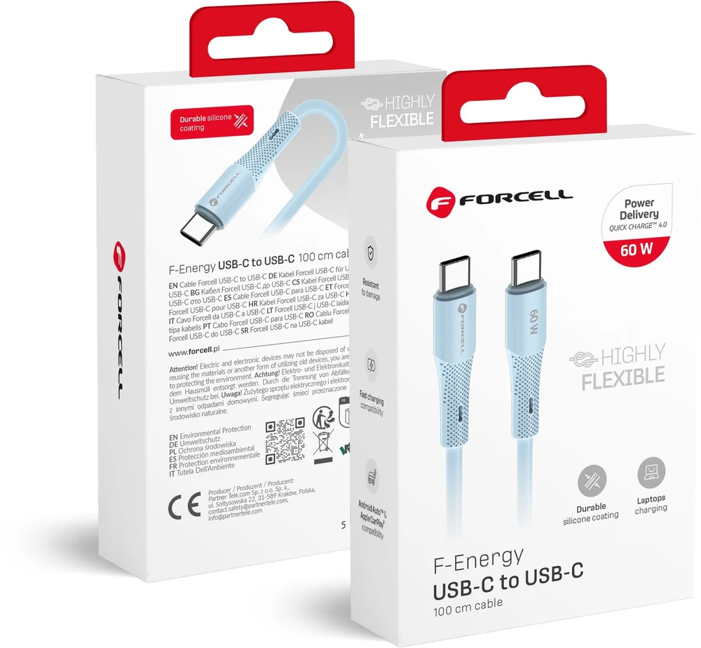 USB C į USB C laidas Forcell F-Energy QC4.0 PD 3A 60W silikoninis 1 m C344 mėlynas