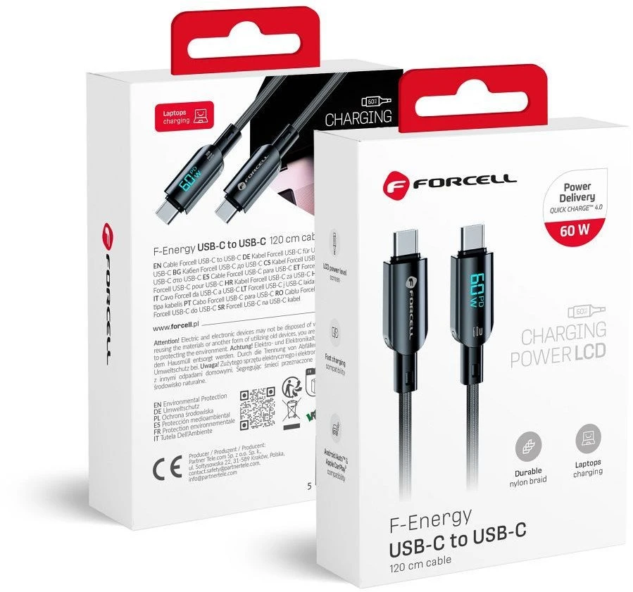 USB C į USB C laidas Forcell F-Energy QC4.0 PD 3A 60W skaitmeninis 1,2 m C274 juodas