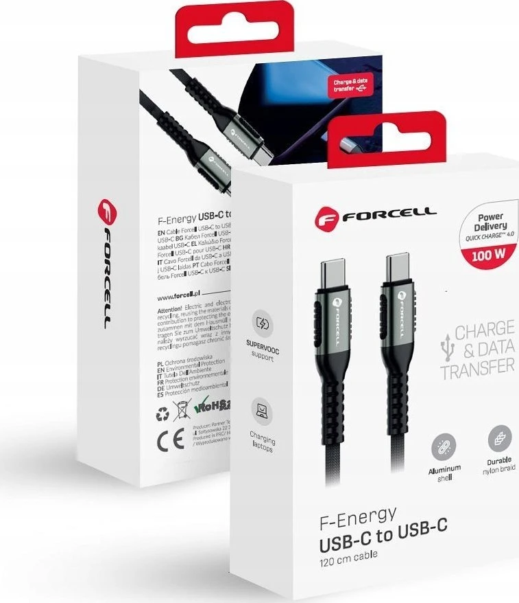 USB C į USB C laidas Forcell F-Energy QC4.0 PD 5A 100W Cafule 1,2 m C260 juodas