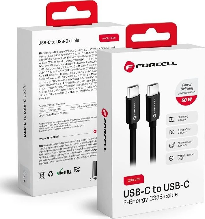 USB C į USB C laidas Forcell F-Energy QC4.0 PD 3A 60W 2 m C338 juodas
