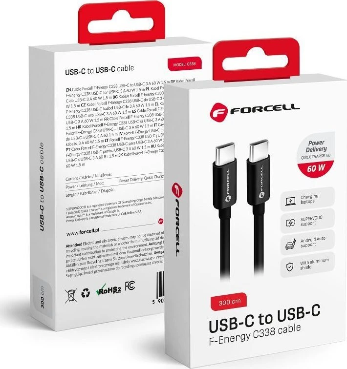 USB C į USB C laidas Forcell F-Energy QC4.0 PD 3A 60W 3 m C338 juodas
