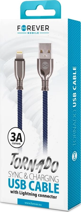 Forever Tornado USB – Lightning laidas 1,0 m 3A tamsiai mėlynas