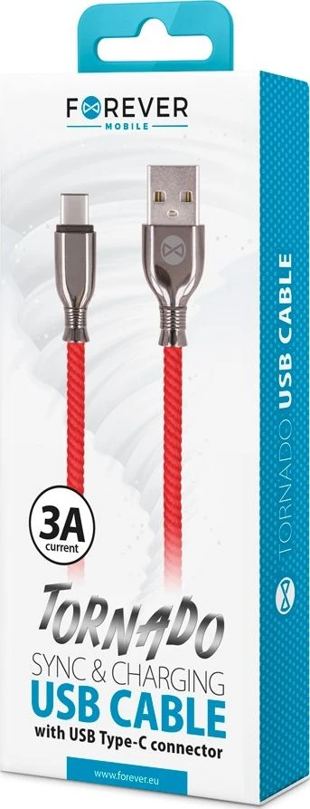 Forever Tornado laidas USB – USB-C 1,0 m 3A raudonas