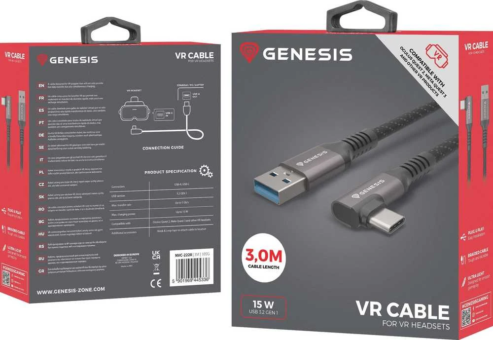 Genesis USB-C - USB-A 3.2 3.0m juoda PD 15W VR