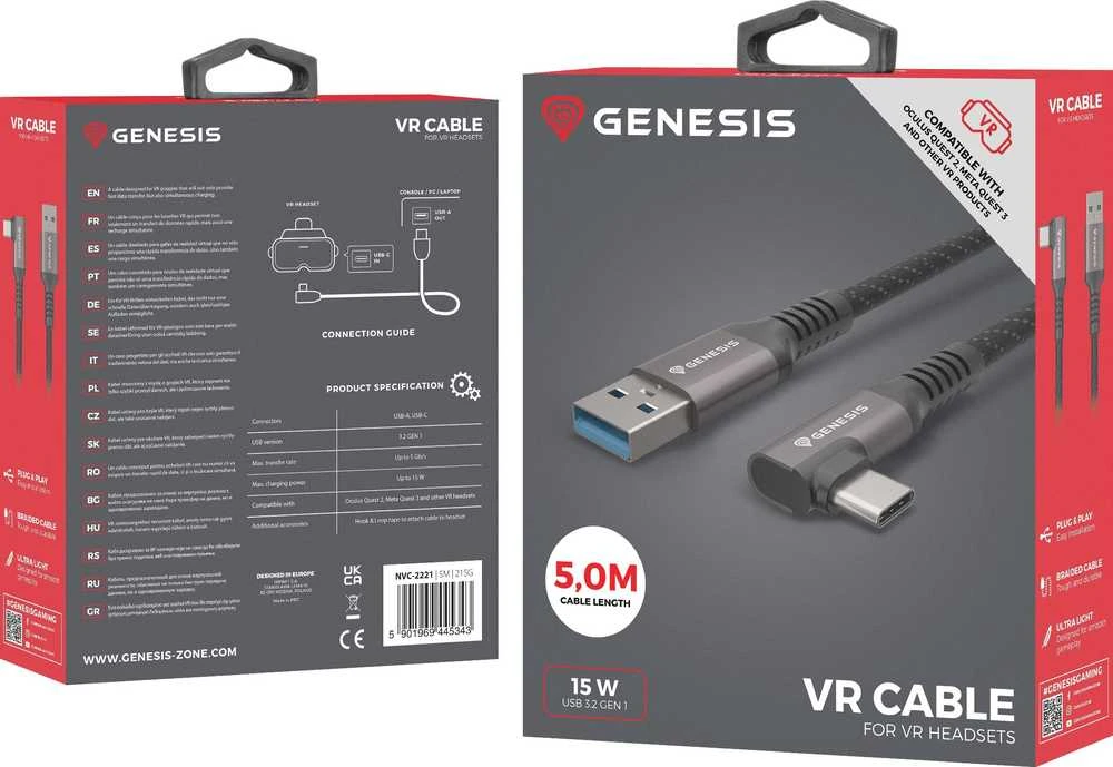 Genesis USB-C - USB-A 3.2 5.0m juoda PD 15W VR