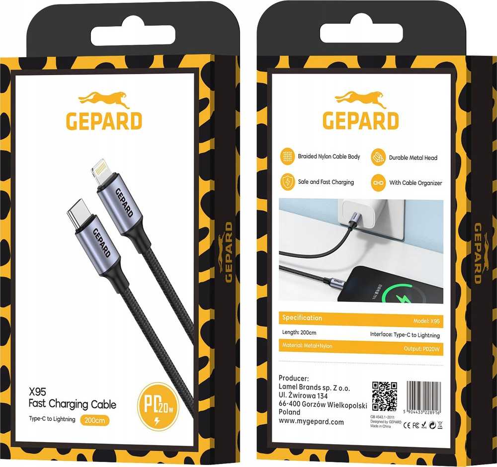 GEPARD USB-C - Lightning kabelis PD20W, metalinė galvutė, 2 m
