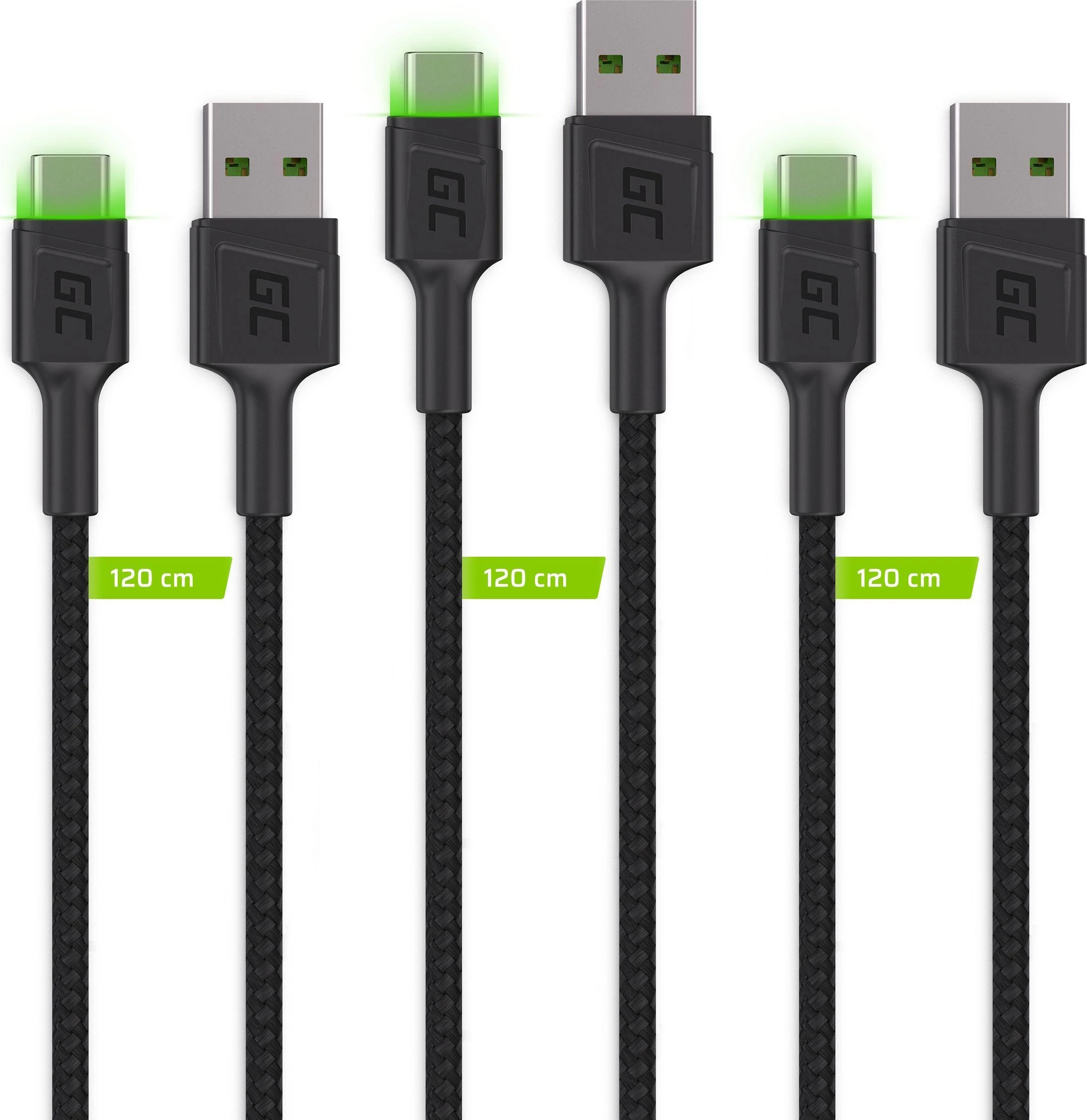 Green Cell Žalias Cell Žalias Cell USB-C kabelių komplektas 3x QC 3.0 1.20 m