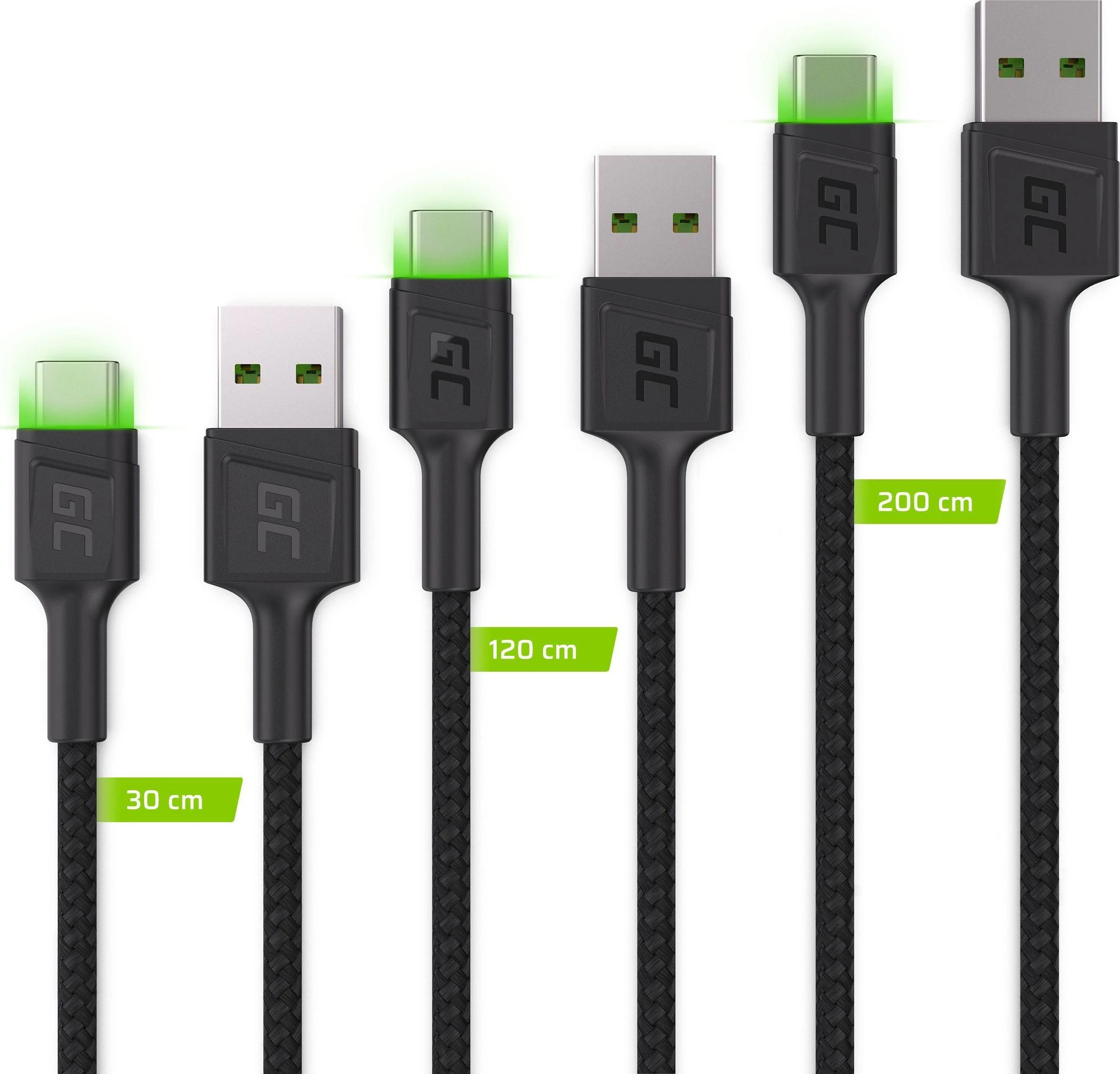 Green Cell Žalias Cell Žalias Cell USB-C kabelių komplektas 3x QC 3.0 0.3 m 1.2 m 2 m