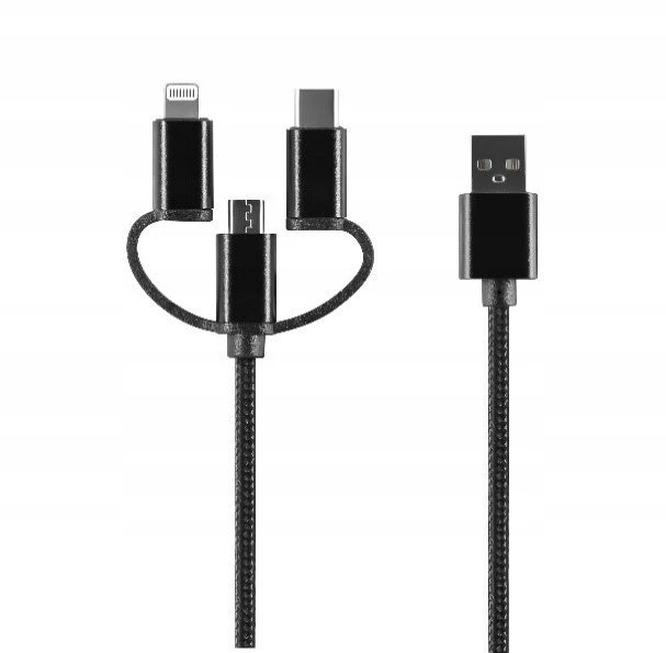 TelForceone Setty 3in1 kabelis USB - Lightning + USB-C + microUSB 1,0 m 2A juodas nailonas DT