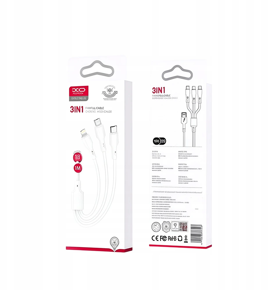 XO laidas NB230 3in1 USB – Lightning + USB-C + microUSB 1,0m 2,4A baltas