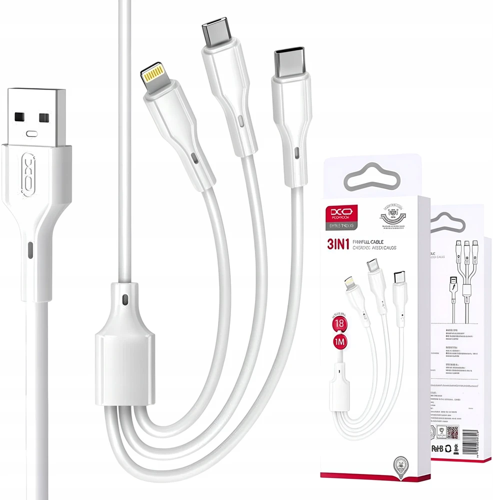 XO laidas NB230 3in1 USB – Lightning + USB-C + microUSB 1,0m 2,4A baltas