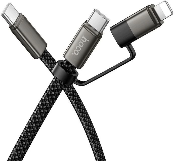 Plokščias kabelis USB C į USB C/iP 2in1 Hoco 3A 60W 1 m X125 juodas