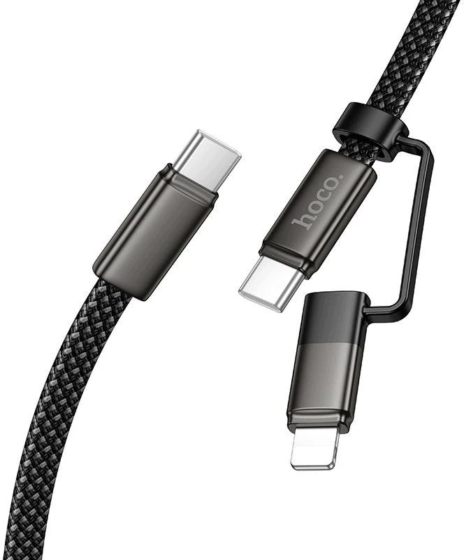 Plokščias kabelis USB C į USB C/iP 2in1 Hoco 3A 60W 1 m X125 juodas