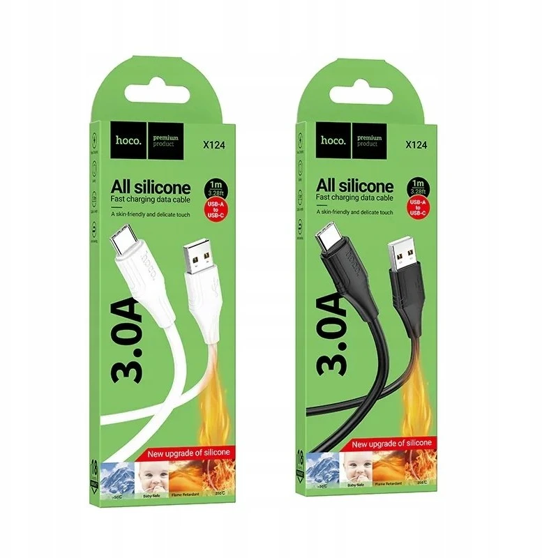 Silicone Cable USB A to USB C Hoco 3A 1 m X124 juodas