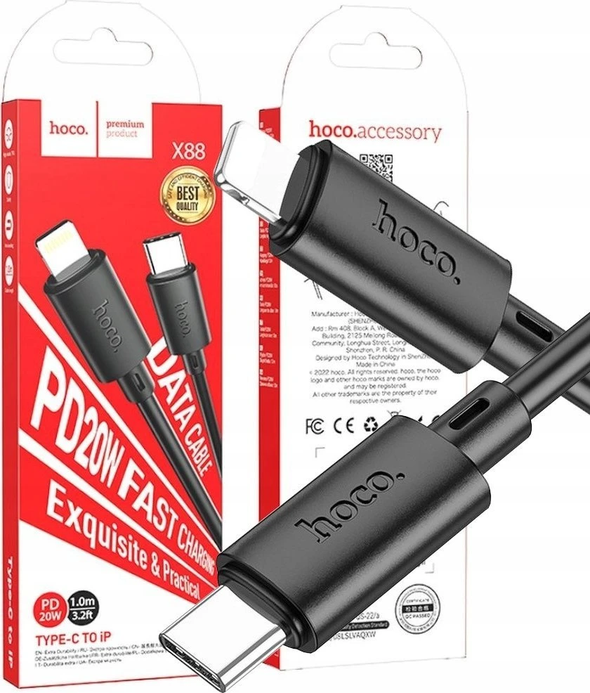 Cable USB C to Lightning Hoco PD 20W 1 m X90 juodas