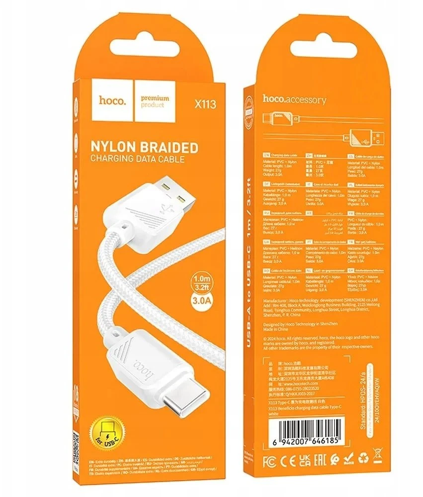 HOCO kabelis USB A do Type C 3A X113 1 m baltas