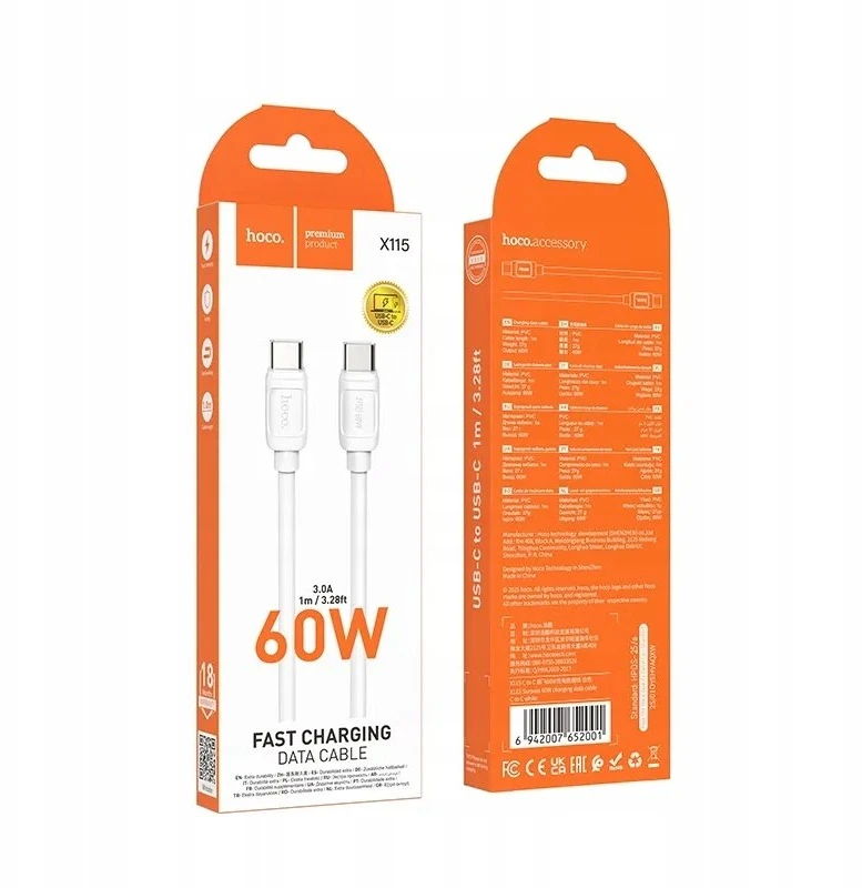USB C į USB C laidas Hoco PD 5A 240W 1 m X115 baltas
