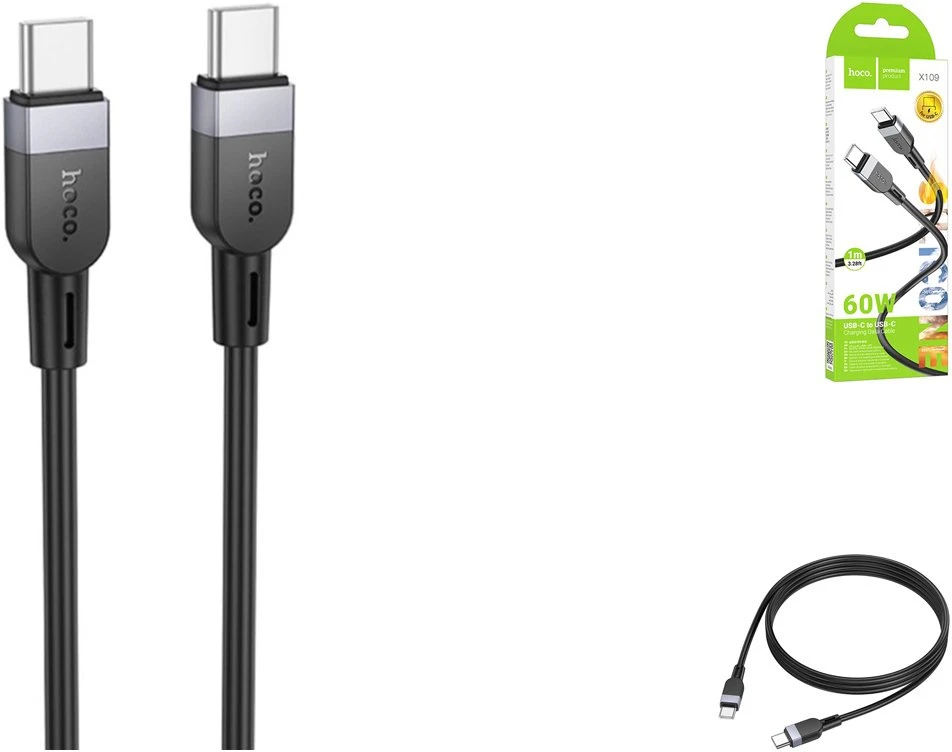 Silicone Cable USB C to USB C Hoco 3A 60W 1 m X109 juodas