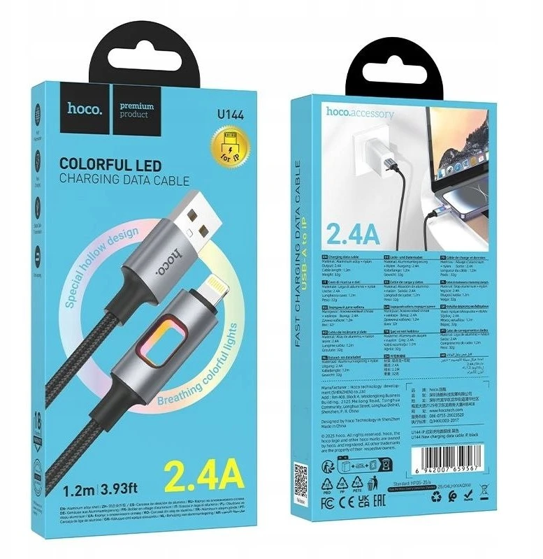 LED laidas USB A į Lightning Hoco 2,4A 1,2 m U144 juodas