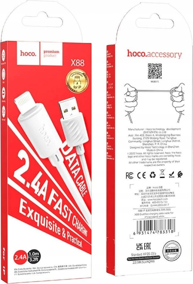 USB A tipo į „Lightning“ tipo keitiklis Hoco 2,4A, 1 m, X88 baltas