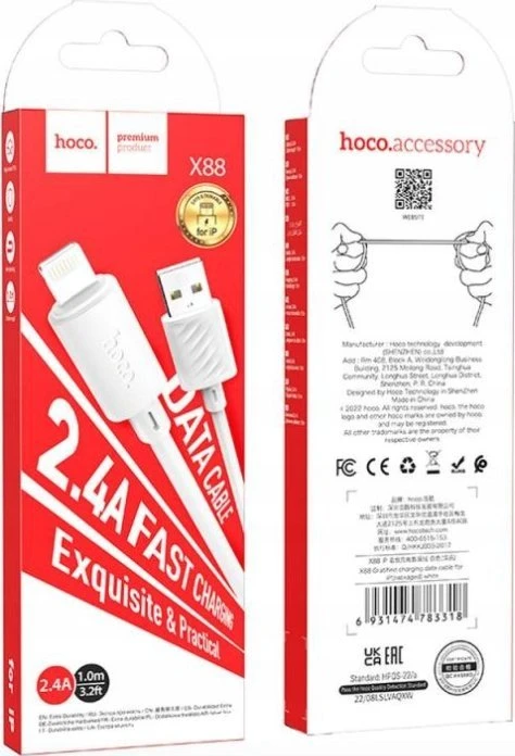 USB A tipo į „Lightning“ tipo keitiklis Hoco 2,4A, 1 m, X88 baltas