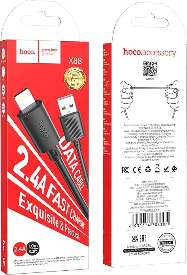 USB kabelis Hoco X88 "lightning" juodas 1m