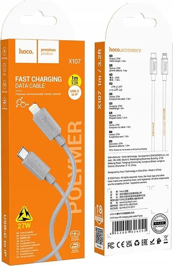 USB C - Lightning kabelis Hoco PD 27W 1 m X107 pilka