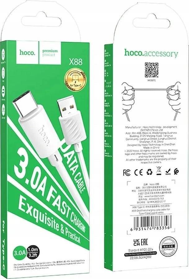 Cable USB A to Micro USB Hoco 2,4A 1 m X88 baltas