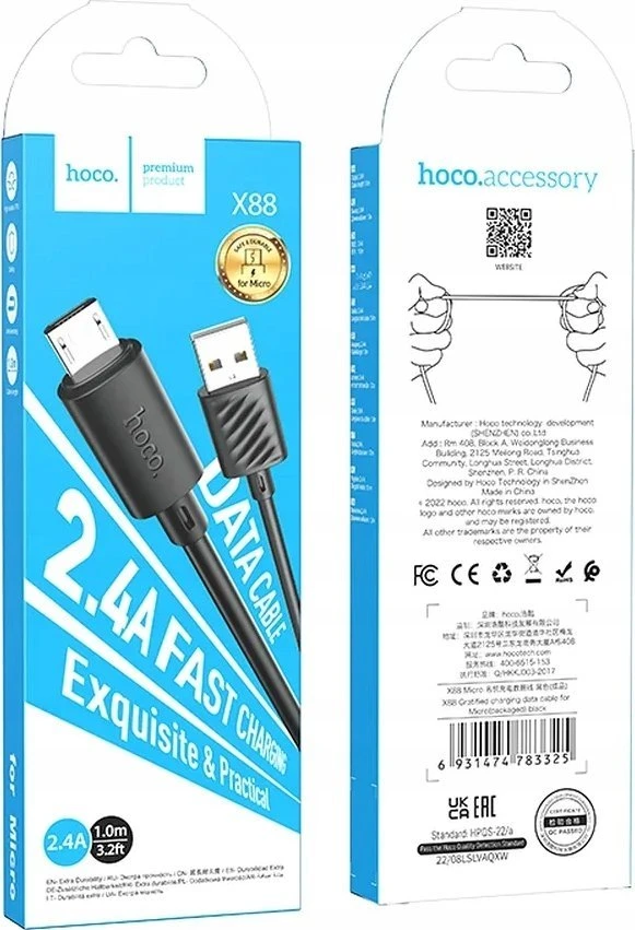 USB kabelis Hoco X88 microUSB juodas 1m