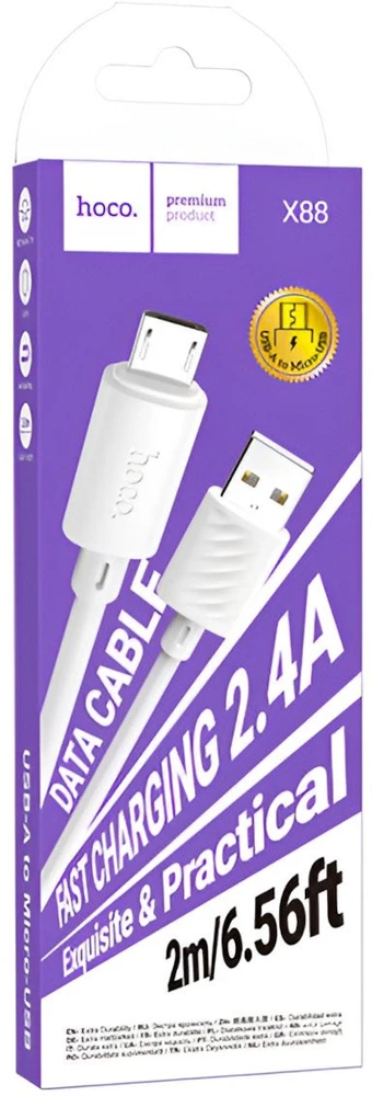 Cable USB A to Micro USB Hoco 2,4A 2 m X88 baltas