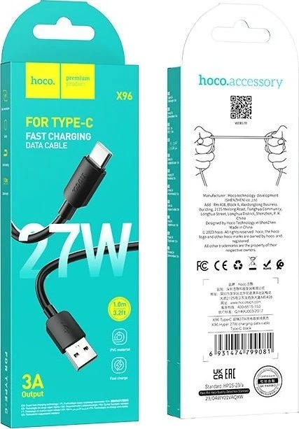Cable USB A to USB C Hoco PD 2,4A 27W 1 m X96 juodas