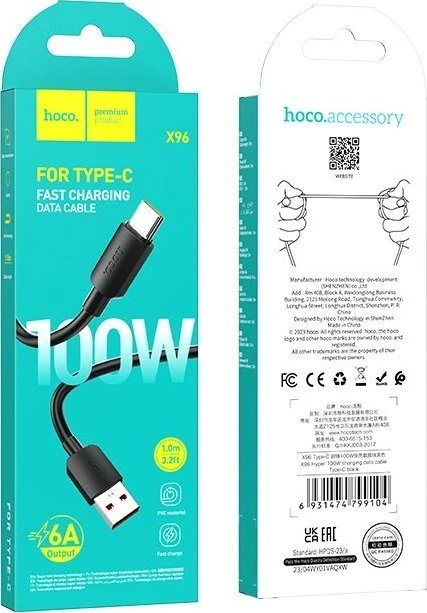Cable USB A to USB C Hoco PD 6A 100W 1 m X96 juodas