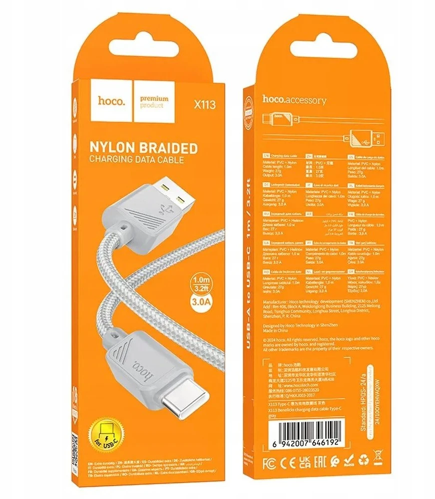 USB A į USB C laidas Hoco 3A 1 m X113 pilka