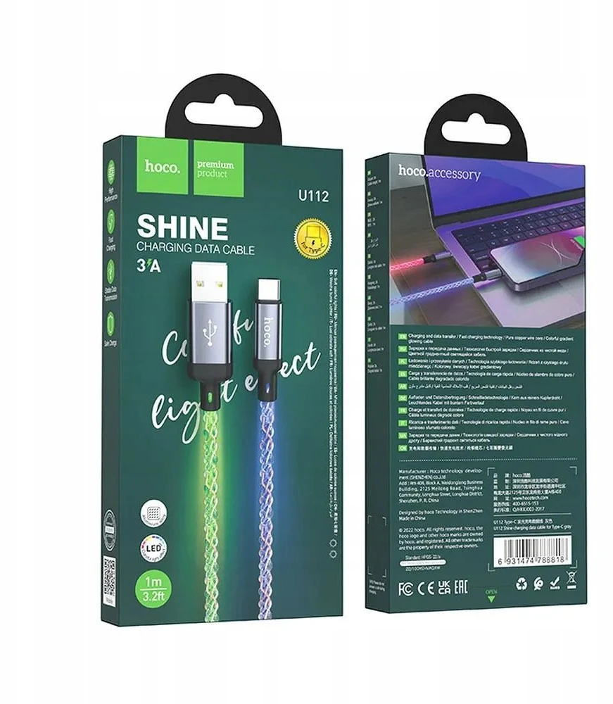 USB A į USB C laidas Hoco 3A 1 m U112 pilka