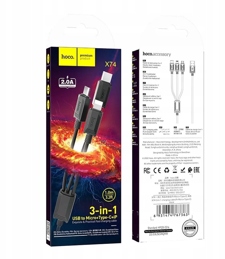 Laidas 3in1 USB A į Lightning / Micro USB / USB C Hoco 2A X74 1 m juodas