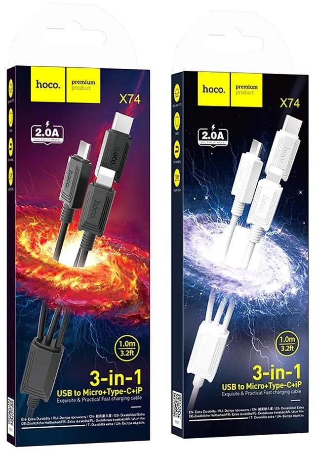 Laidas 3in1 USB A į Lightning / Micro USB / USB C Hoco 2A X74 1 m juodas