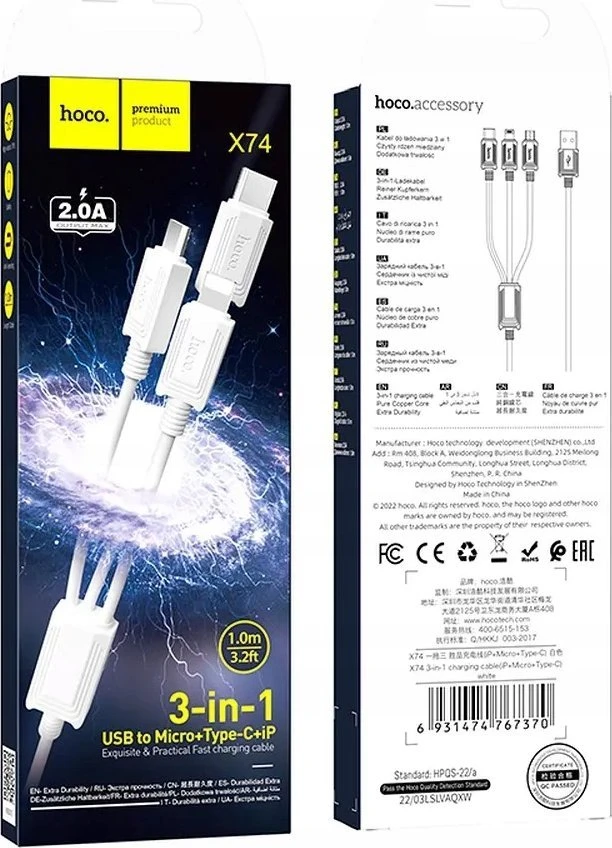Laidas 3in1 USB A į Lightning / Micro USB / USB C Hoco 2A 1 m X74 baltas
