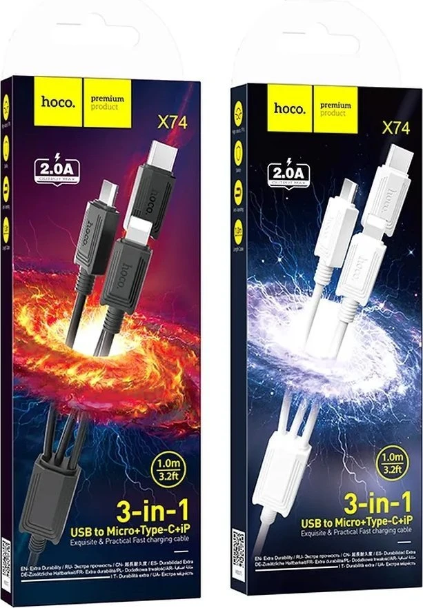 Laidas 3in1 USB A į Lightning / Micro USB / USB C Hoco 2A 1 m X74 baltas