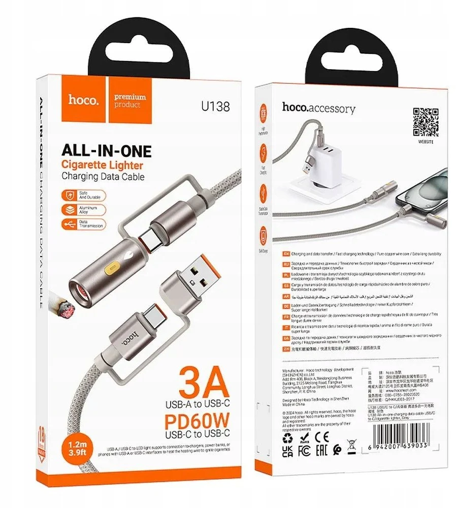 Laidas „viskas viename“ USB A / USB C į USB C / cigarečių žiebtuvėlio jungtis Hoco 3A 60W 1,2 m U138 pilkas