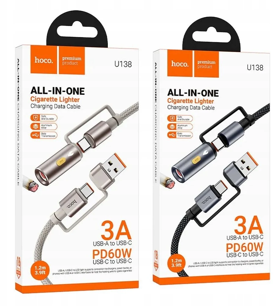 Laidas „viskas viename“ USB A / USB C į USB C / cigarečių žiebtuvėlio jungtis Hoco 3A 60W 1,2 m U138 pilkas