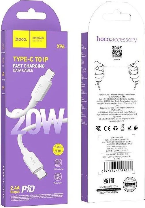 USB C - Lightning laidas Hoco PD 2,4A 20W 1 m X96 juodas
