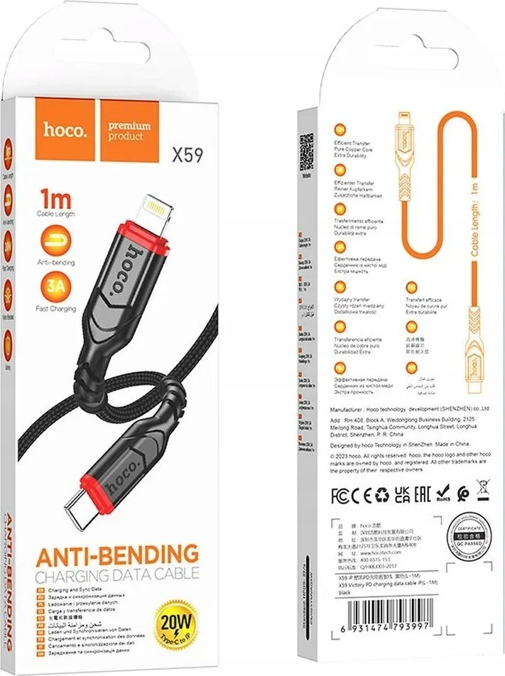 USB kabelis Hoco X59 "USB-C (Type-C) - Lightning" (20W) 1m juodas