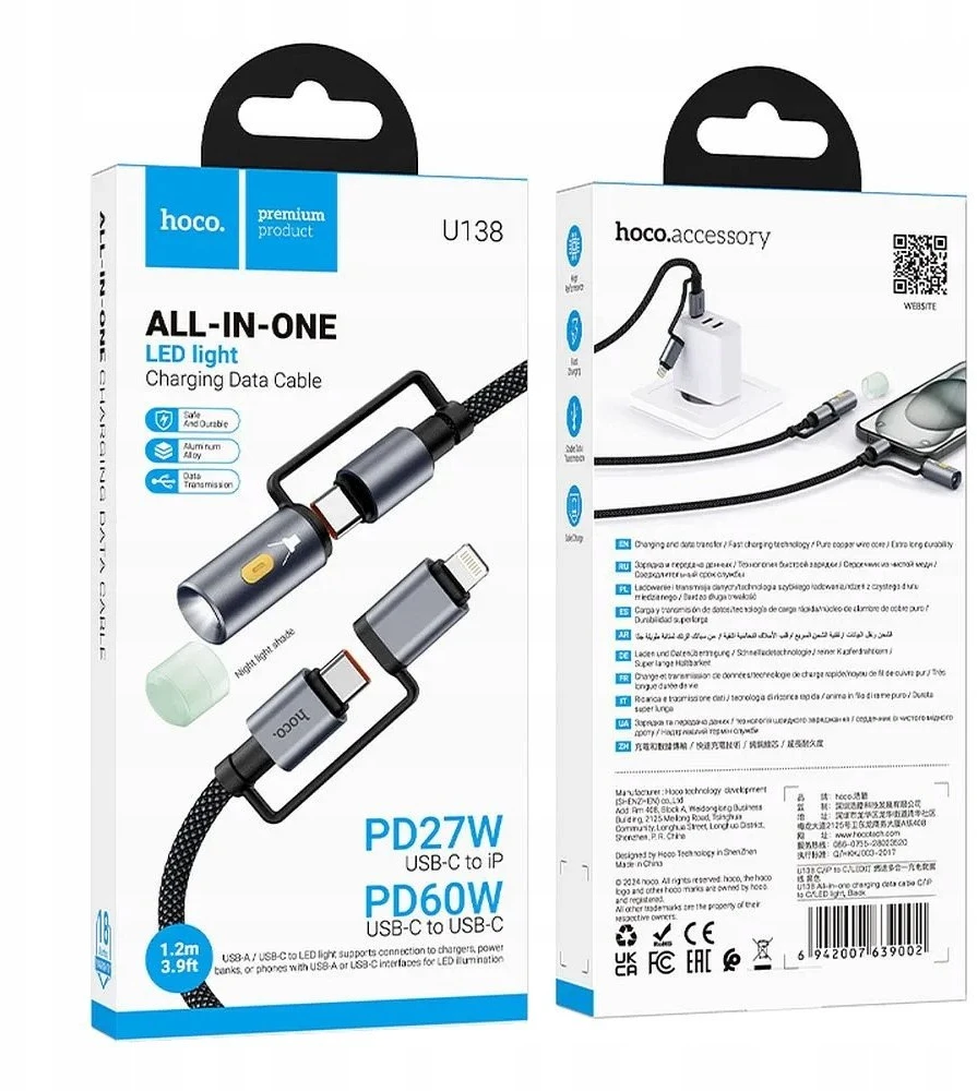 Laidas „viskas viename“ USB C / „Lightning“ į USB C / LED šviesą Hoco PD 3A 60W 1,2 m U138 juodas