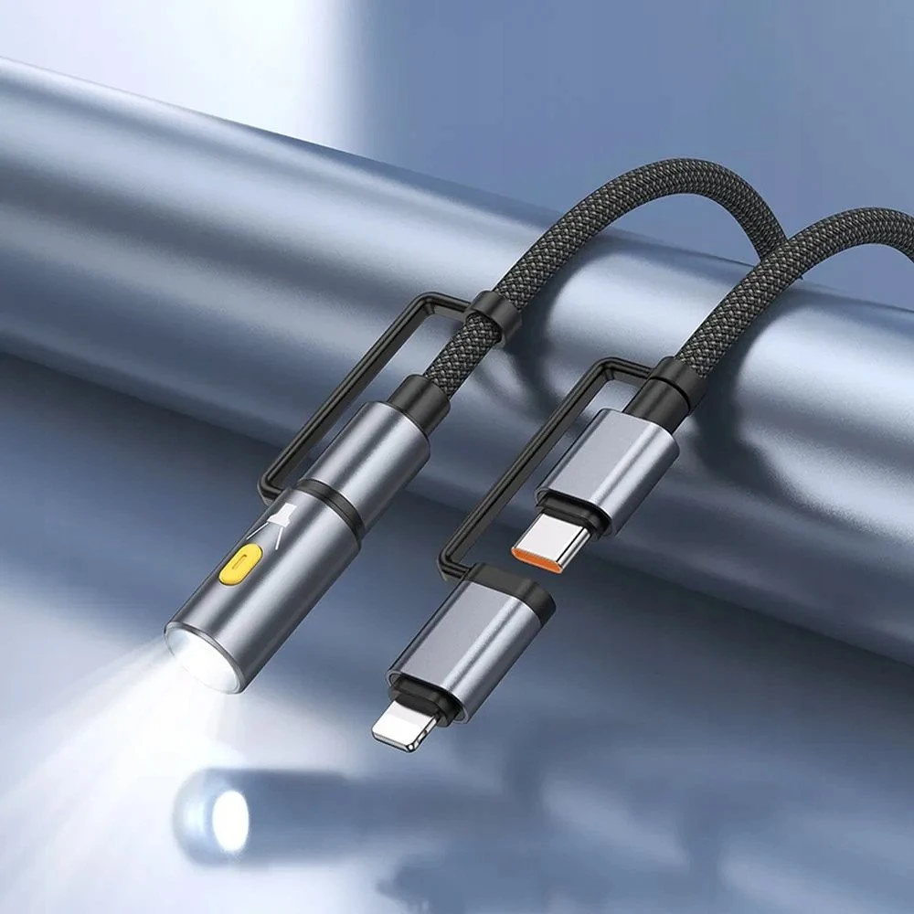 Laidas „viskas viename“ USB C / „Lightning“ į USB C / LED šviesą Hoco PD 3A 60W 1,2 m U138 juodas