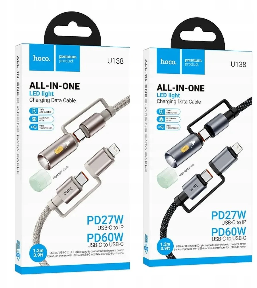 Laidas „viskas viename“ USB C / „Lightning“ į USB C / LED šviesą Hoco PD 3A 60W 1,2 m U138 juodas