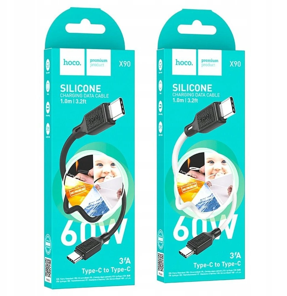 USB-C laidas į USB-C Hoco 3A 60W 1 m X90 baltas